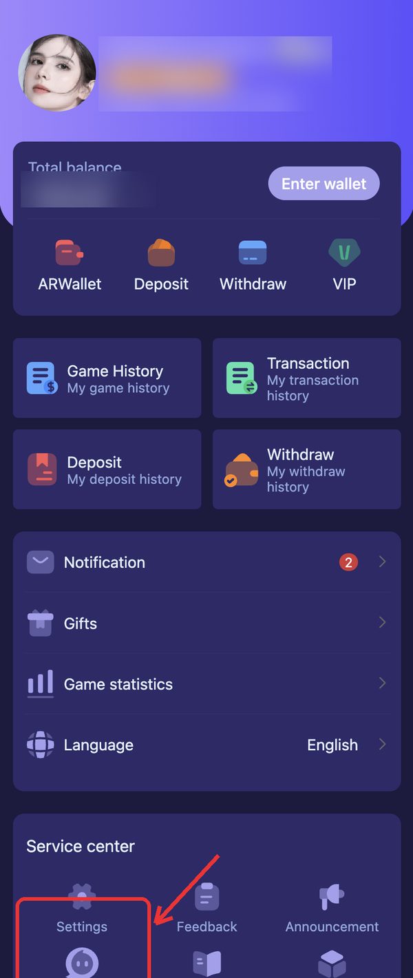 Account tab — Deposit, Withdraw, histories, and Customer Service under Service center (details masked)
