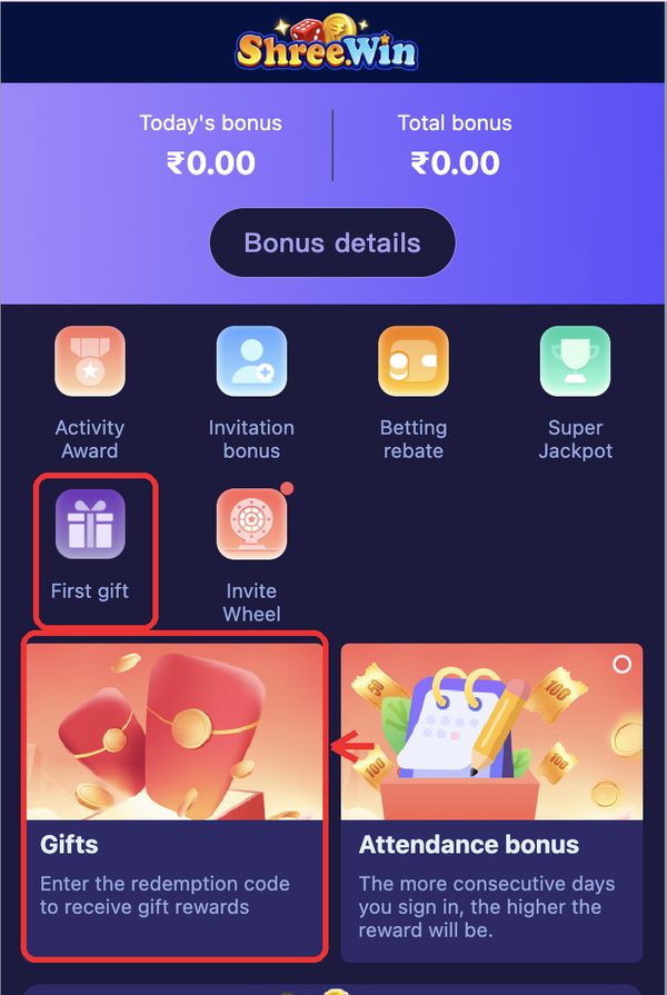 Activity tab — the Gifts card opens the code screen; Attendance bonus and Invitation bonus sit beside it