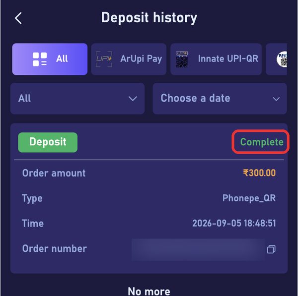 Deposit history — "Complete" once the Rs 300 credited