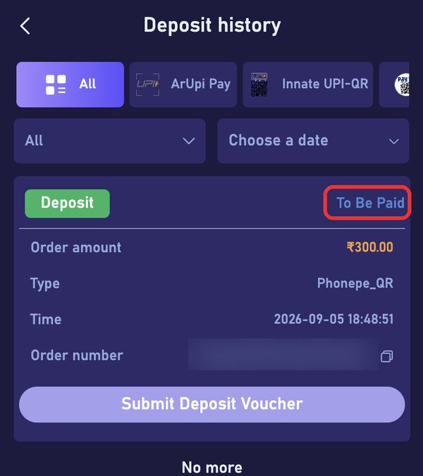 A deposit order waiting to be matched — "To Be Paid"