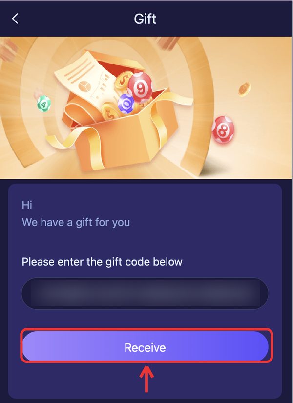 Code pasted — tap Receive (code masked)