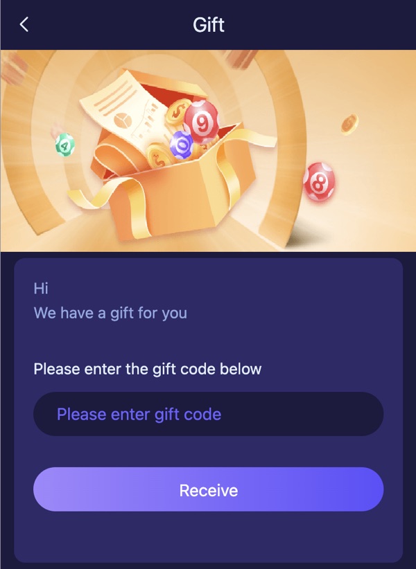 Gift code redemption screen inside the app