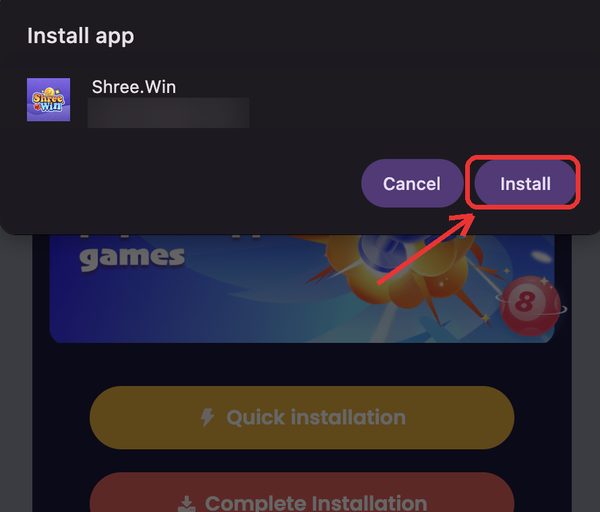 Chrome asks to install the Shree Win app — tap Install