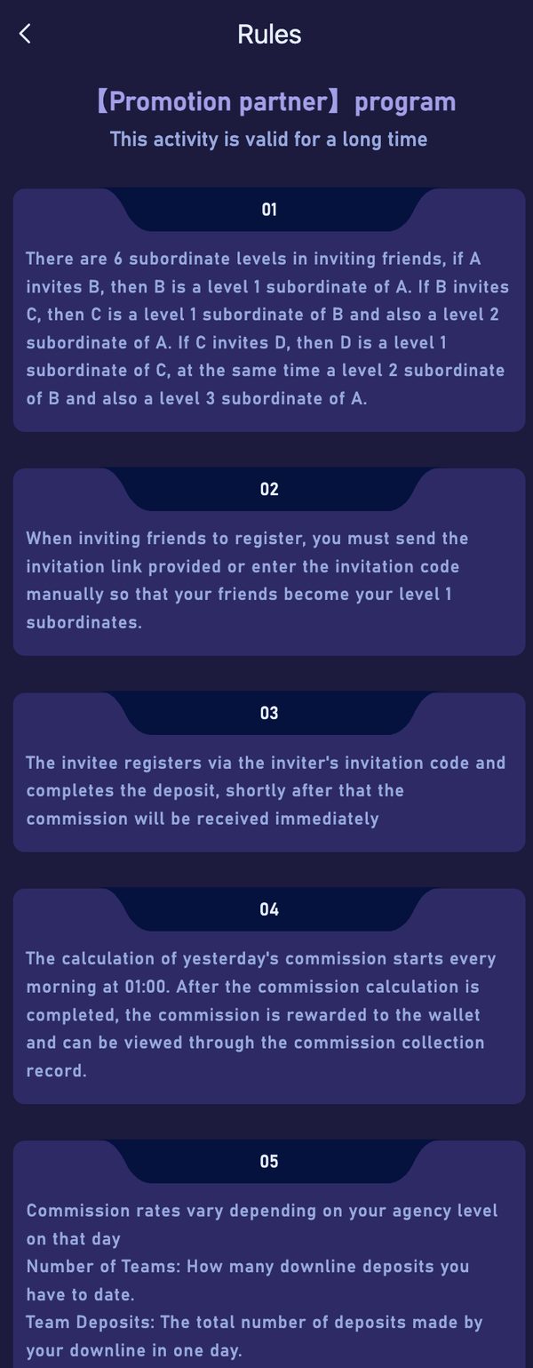 Invitation rules — 6 levels, commission calculated daily at 01:00