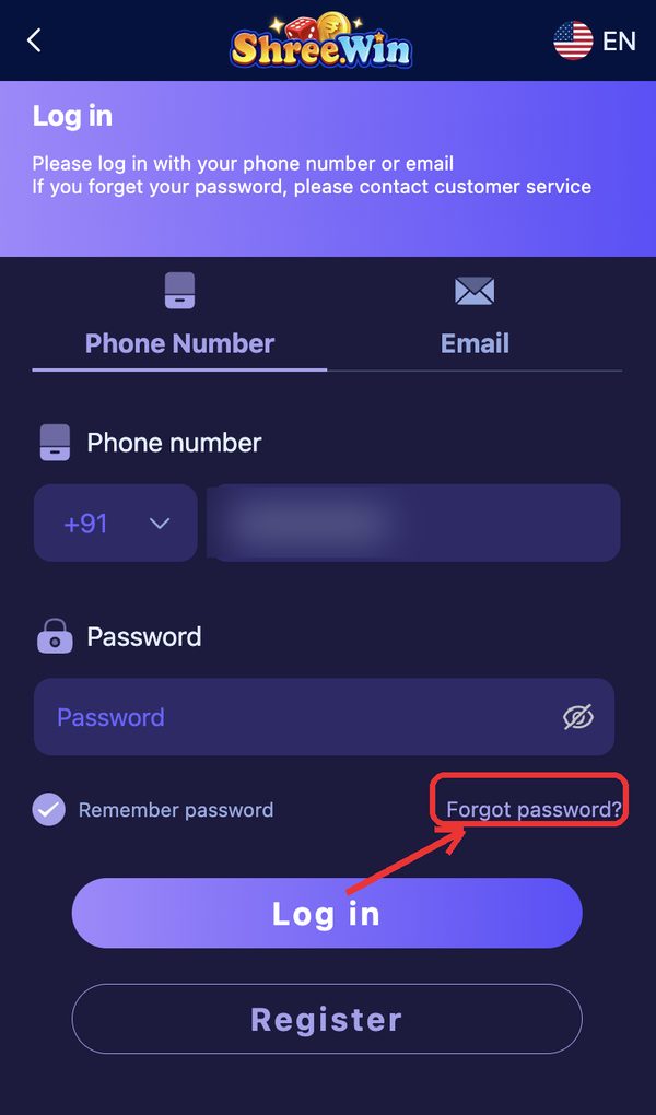 Login screen — Forgot password? sits under the password box (number masked)