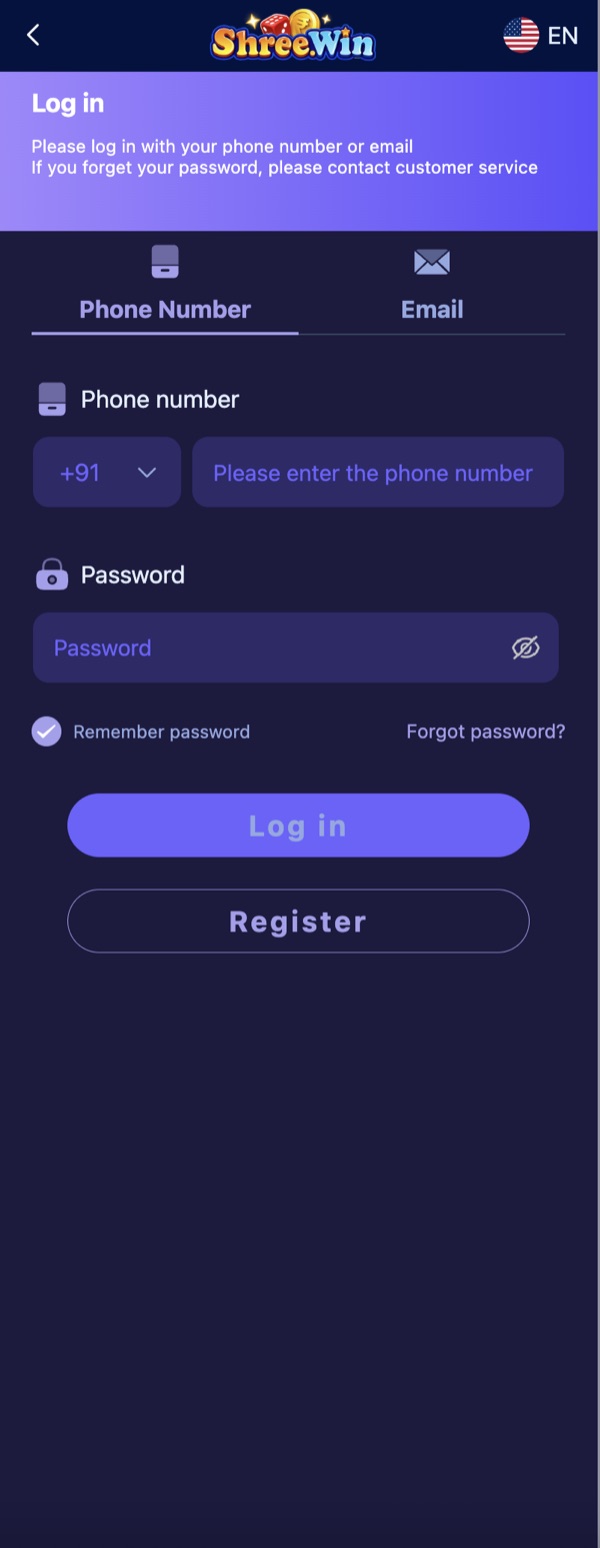 Shree Win login screen with Phone Number and Email tabs