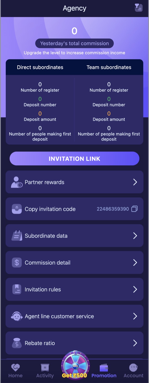 Promotion tab — invitation link, invite code and team stats