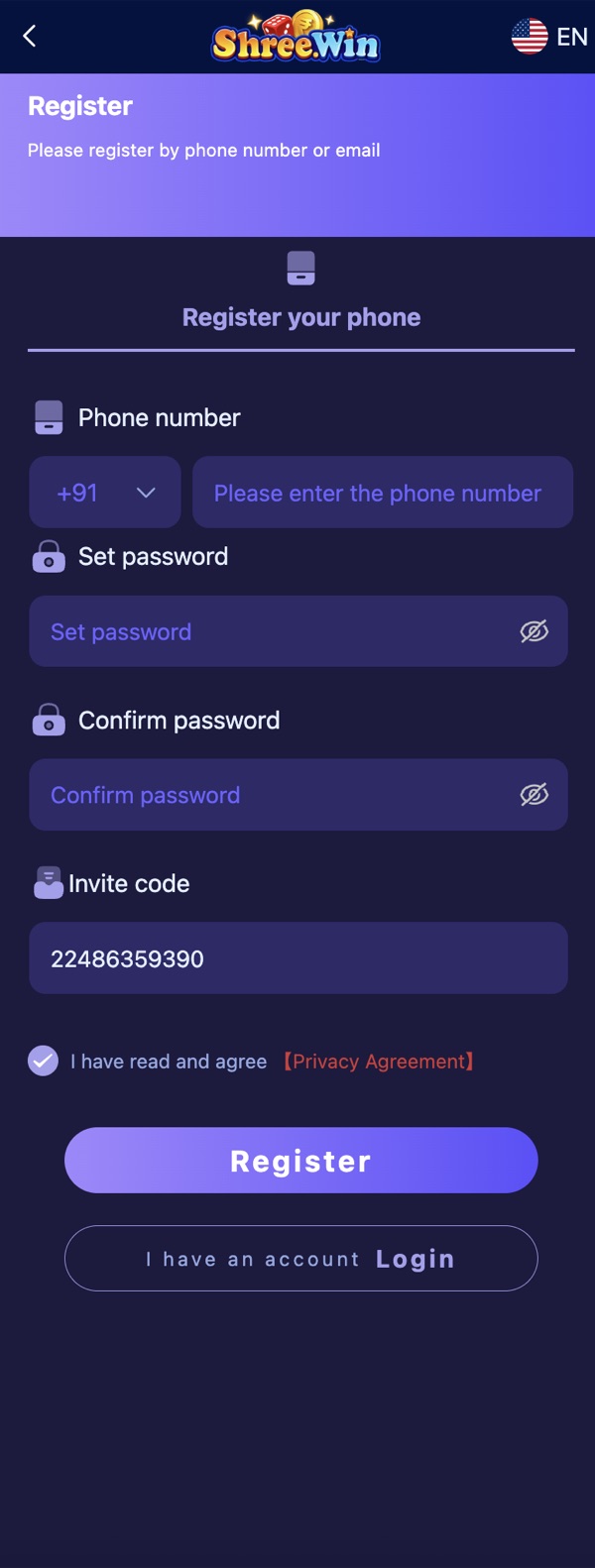 Shree Win registration screen — invite code 22486359390 is pre-filled