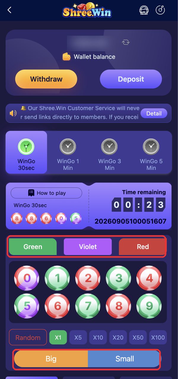 Wingo 30-second round — pick a colour, a number, or Big/Small before the timer ends
