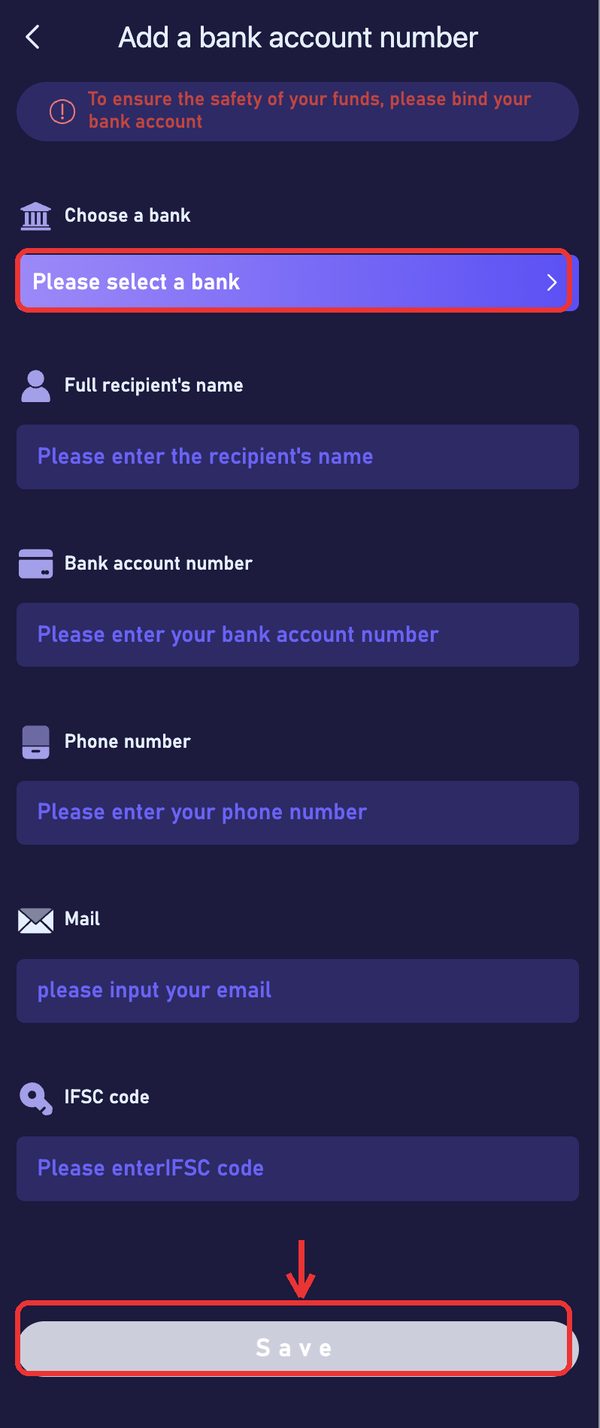 Add a bank account: bank, recipient name, account number, phone, email, IFSC — then Save